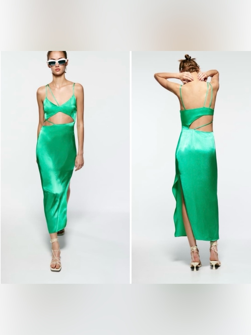 Zara Green Satin slip Cutout Midi Dress S Open Back Wedding Guest vacation